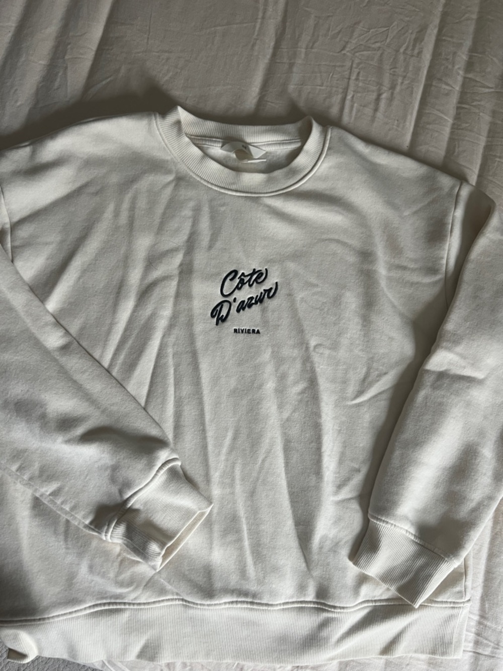 H&M White Crewneck Sweatshirt with Navy Script